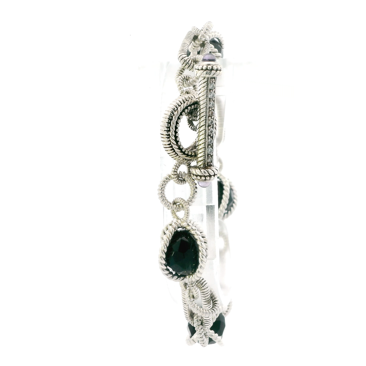 Silver Judith Ripka Onyx Caged Beads Cable Style Link With Toggle Clasp Bracelet