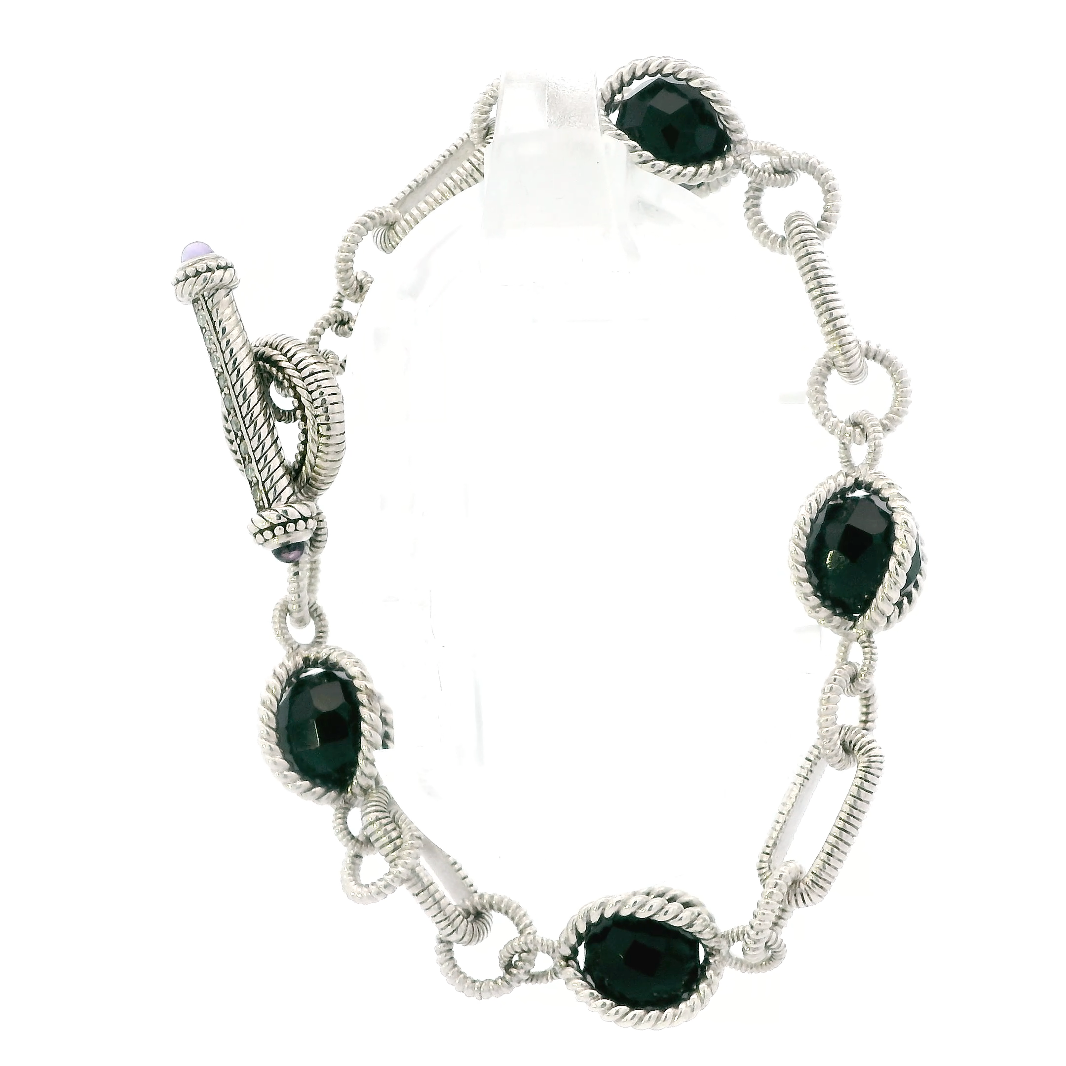 Silver Judith Ripka Onyx Caged Beads Cable Style Link With Toggle Clasp Bracelet
