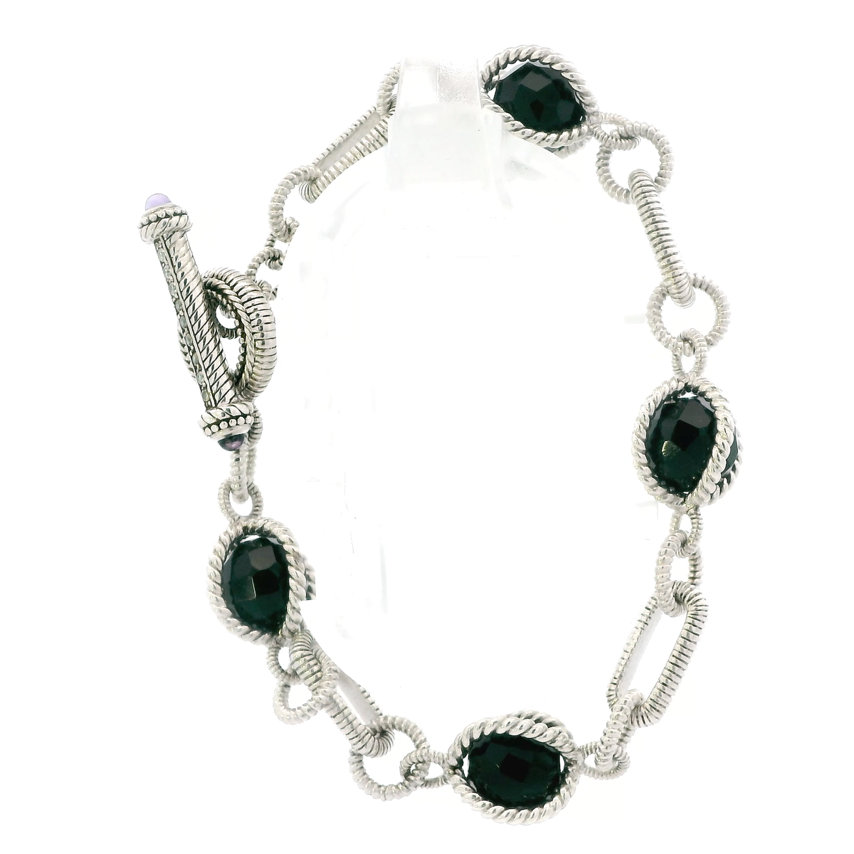 Silver Judith Ripka Onyx Caged Beads Cable Style Link With Toggle Clasp Bracelet