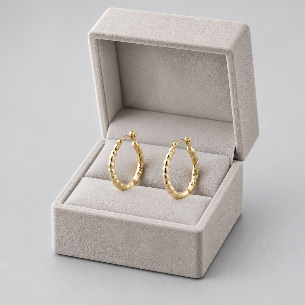 14K Yellow Gold Spiral & Plain Design Hoop Earrings