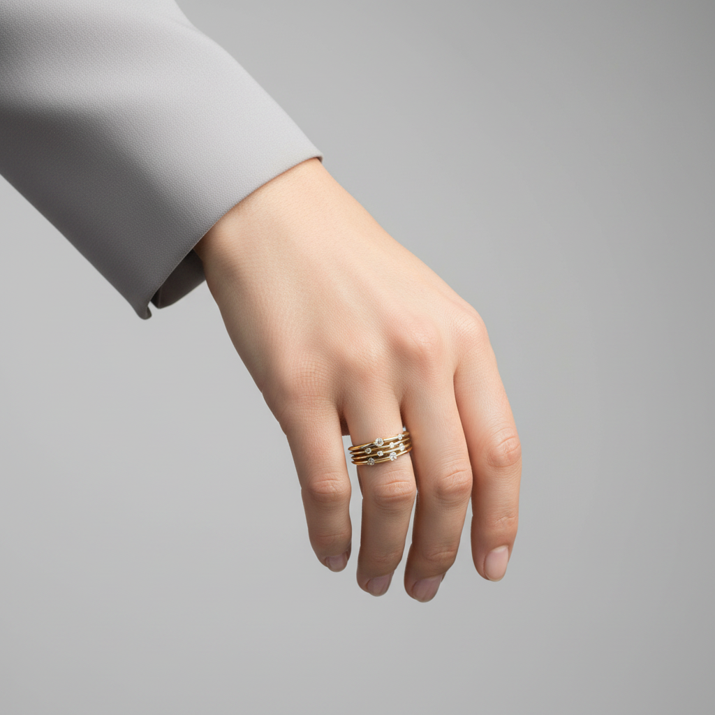 14K Yellow Gold Diamond Four Layered Womens Ring - 0.46ct