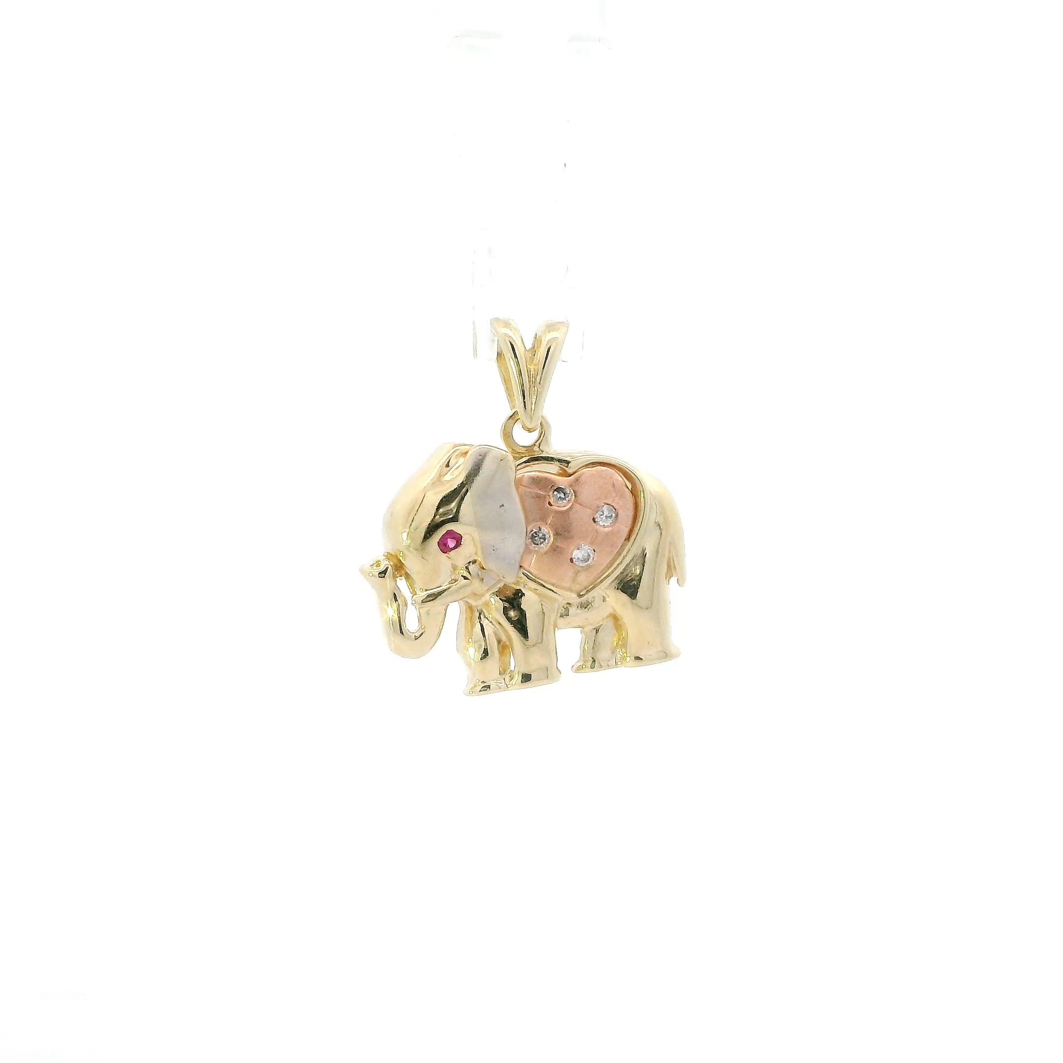 10K Tri Color Gold Ruby & Cz Elephant Pendant