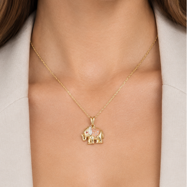 10K Tri Color Gold Ruby & Cz Elephant Pendant
