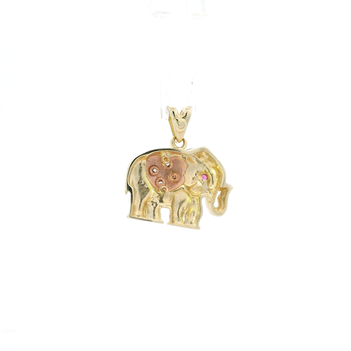 10K Tri Color Gold Ruby & Cz Elephant Pendant