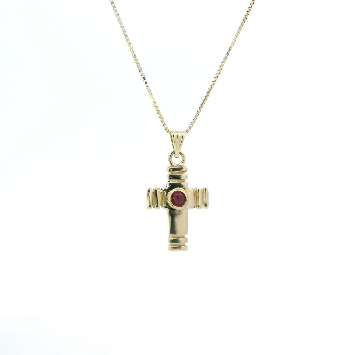 14K Yellow Gold 20.5" Box Chain & Hollow Ruby Cross Pendant