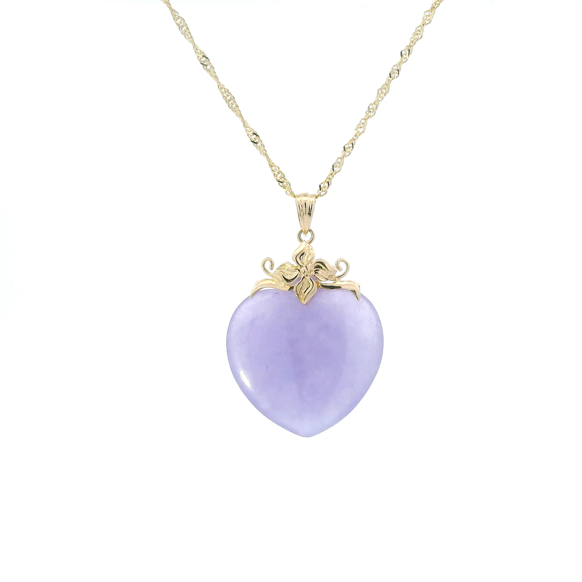 14K Yellow Gold 20" Twisted Link Chain & Purple Heart Jade Pendant