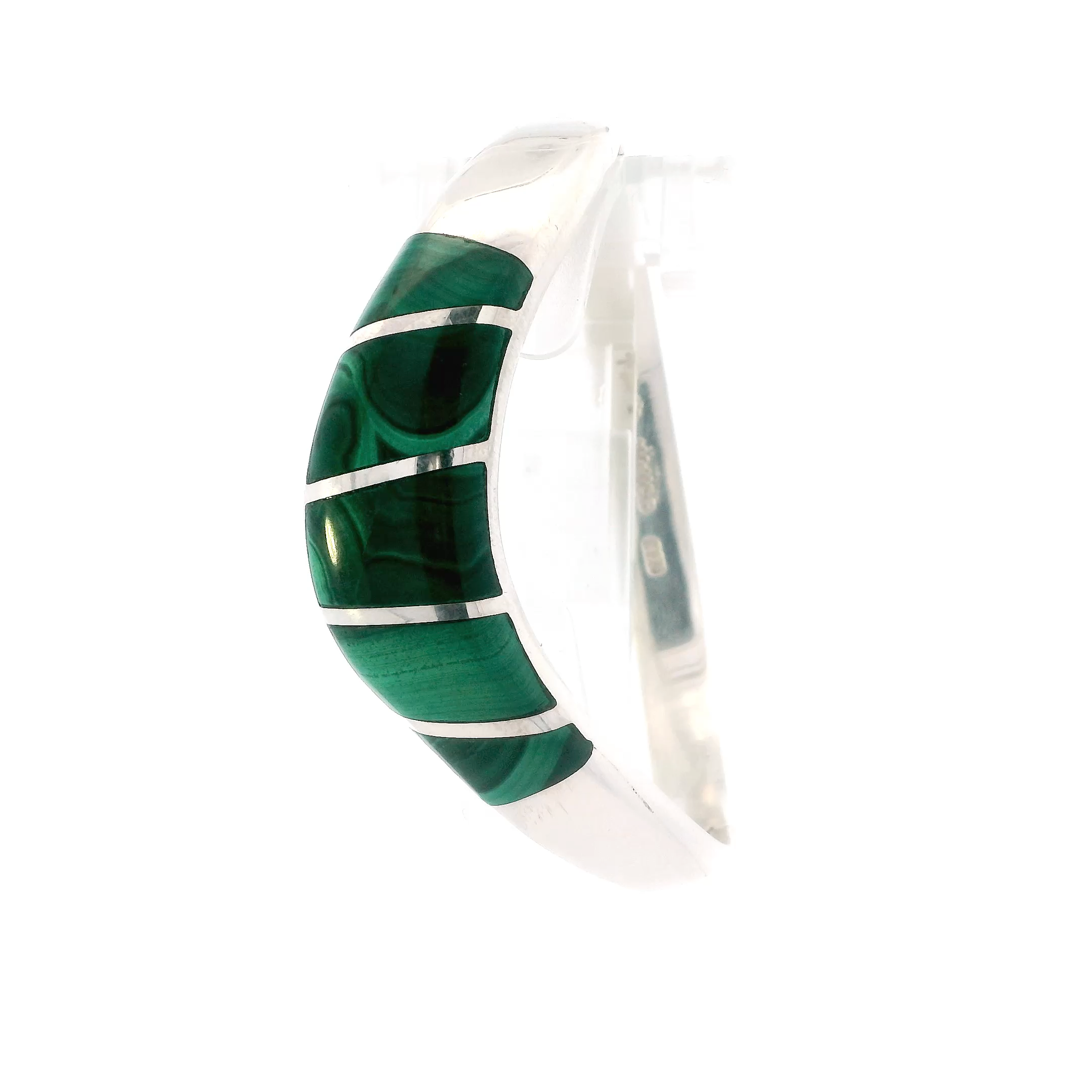 Silver Taxco Vintage Hinged Malachite Bangle Bracelet