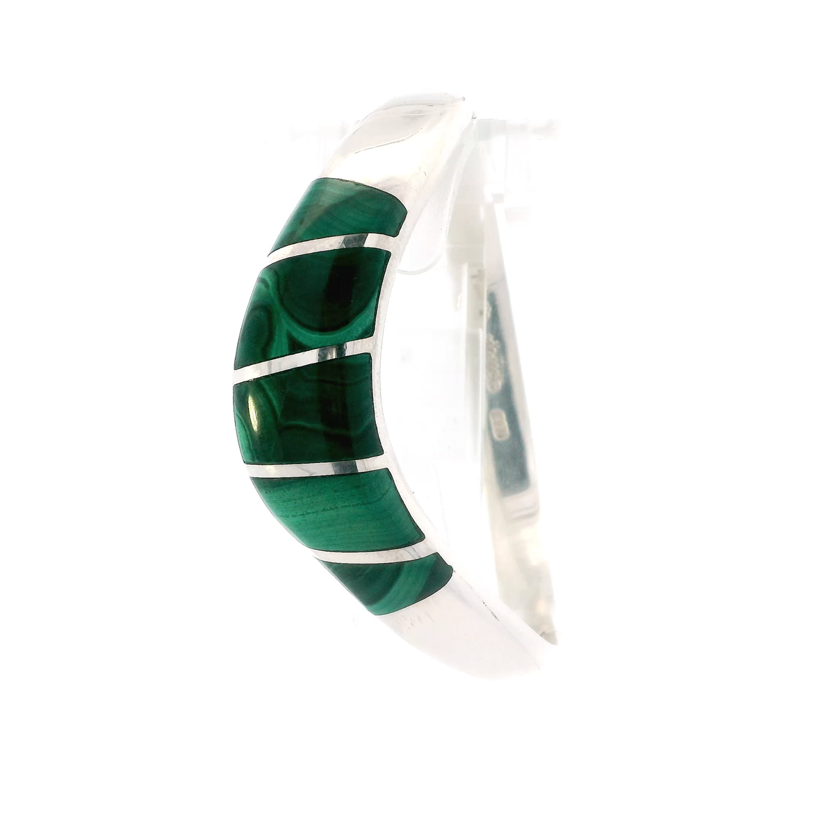 Silver Taxco Vintage Hinged Malachite Bangle Bracelet