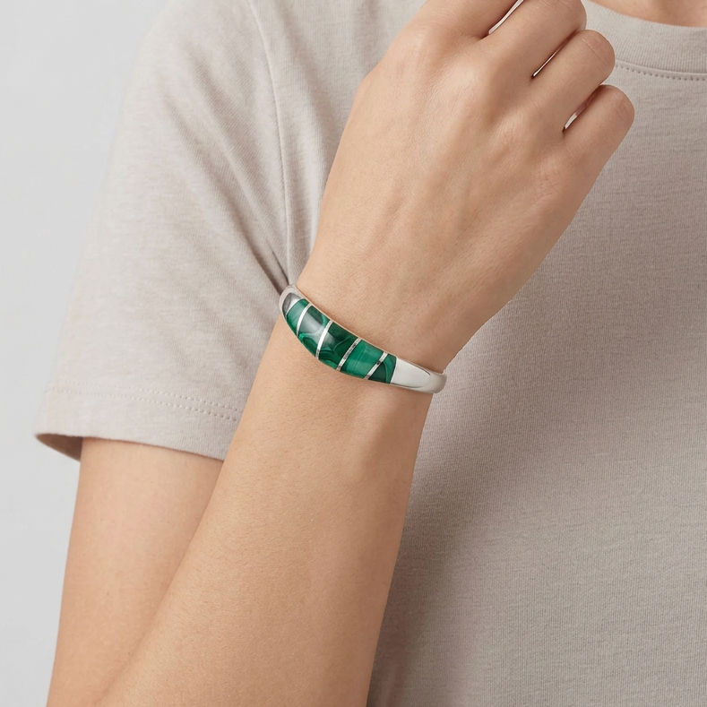 Silver Taxco Vintage Hinged Malachite Bangle Bracelet