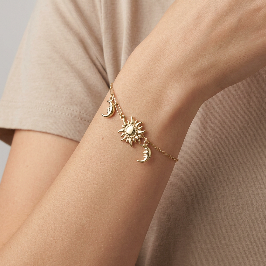 14K Yellow 8.5" Cz Moon & Sun Cable Link Bracelet