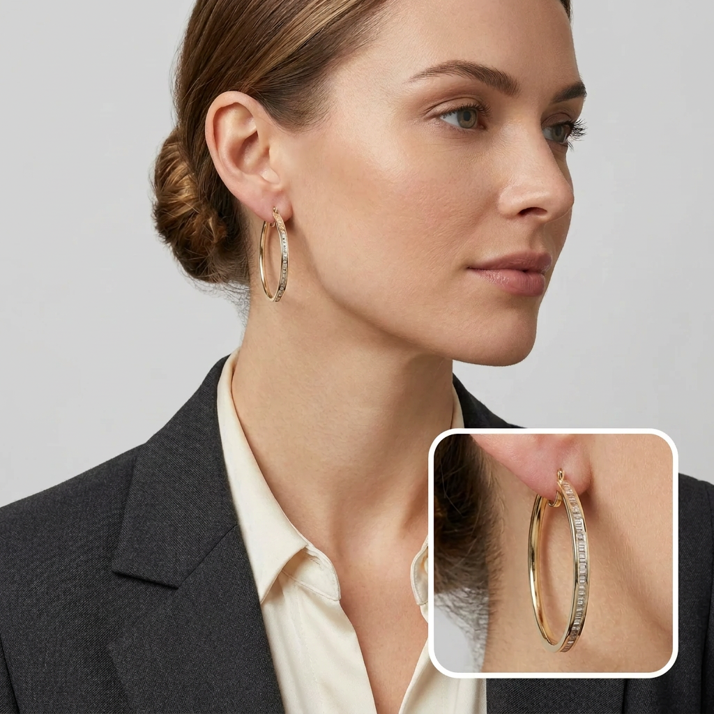 14K Yellow Gold Cz Baguette Hoop Earrings