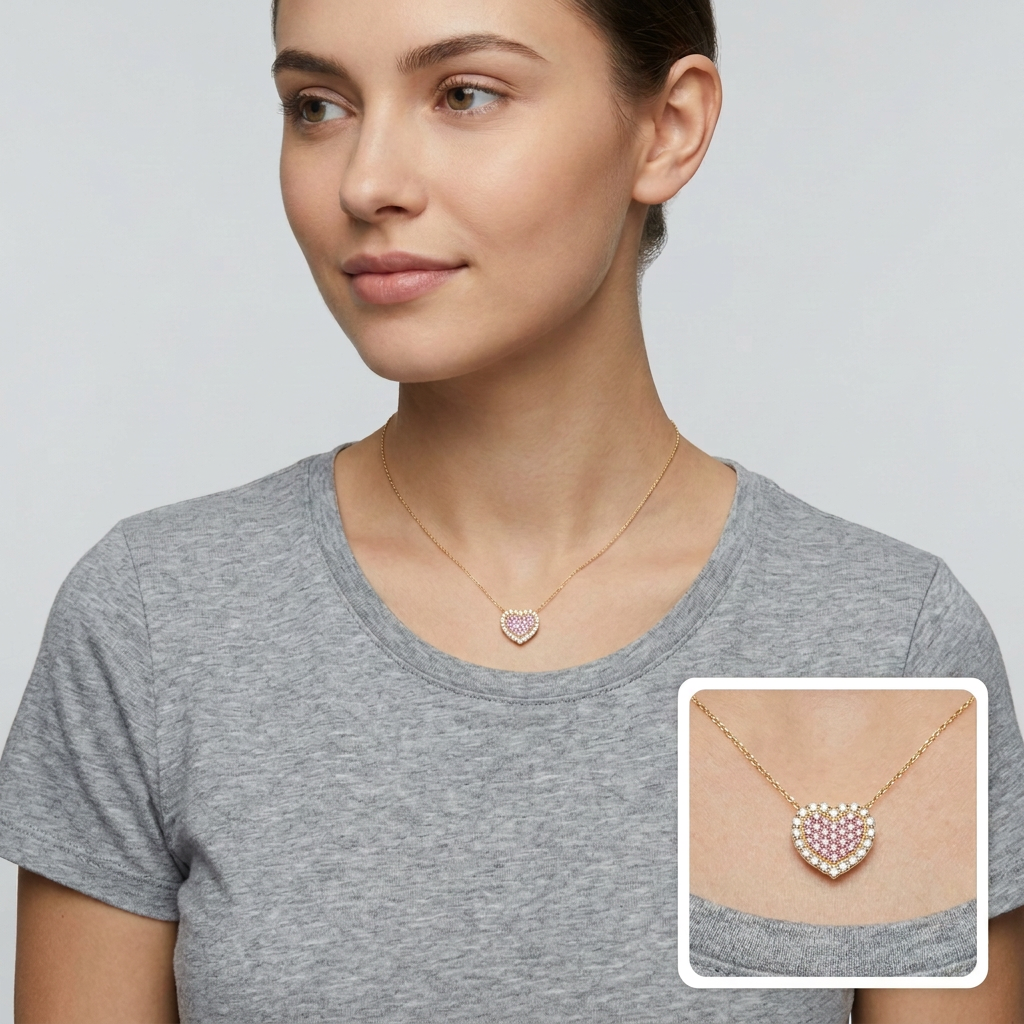 10K Yellow Gold Pink & White Cz Heart Pendant