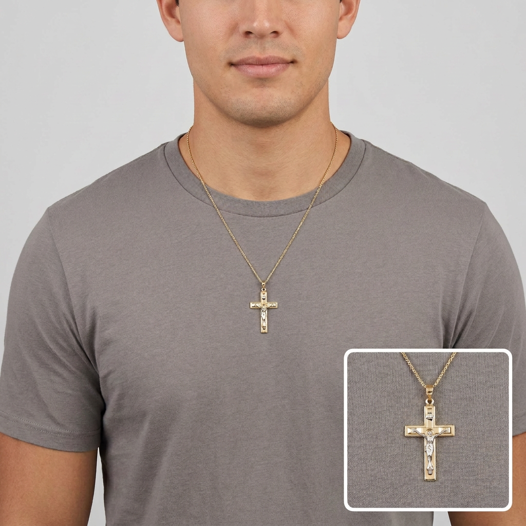 Colgante Crucifijo Oro Amarillo y Blanco 14K