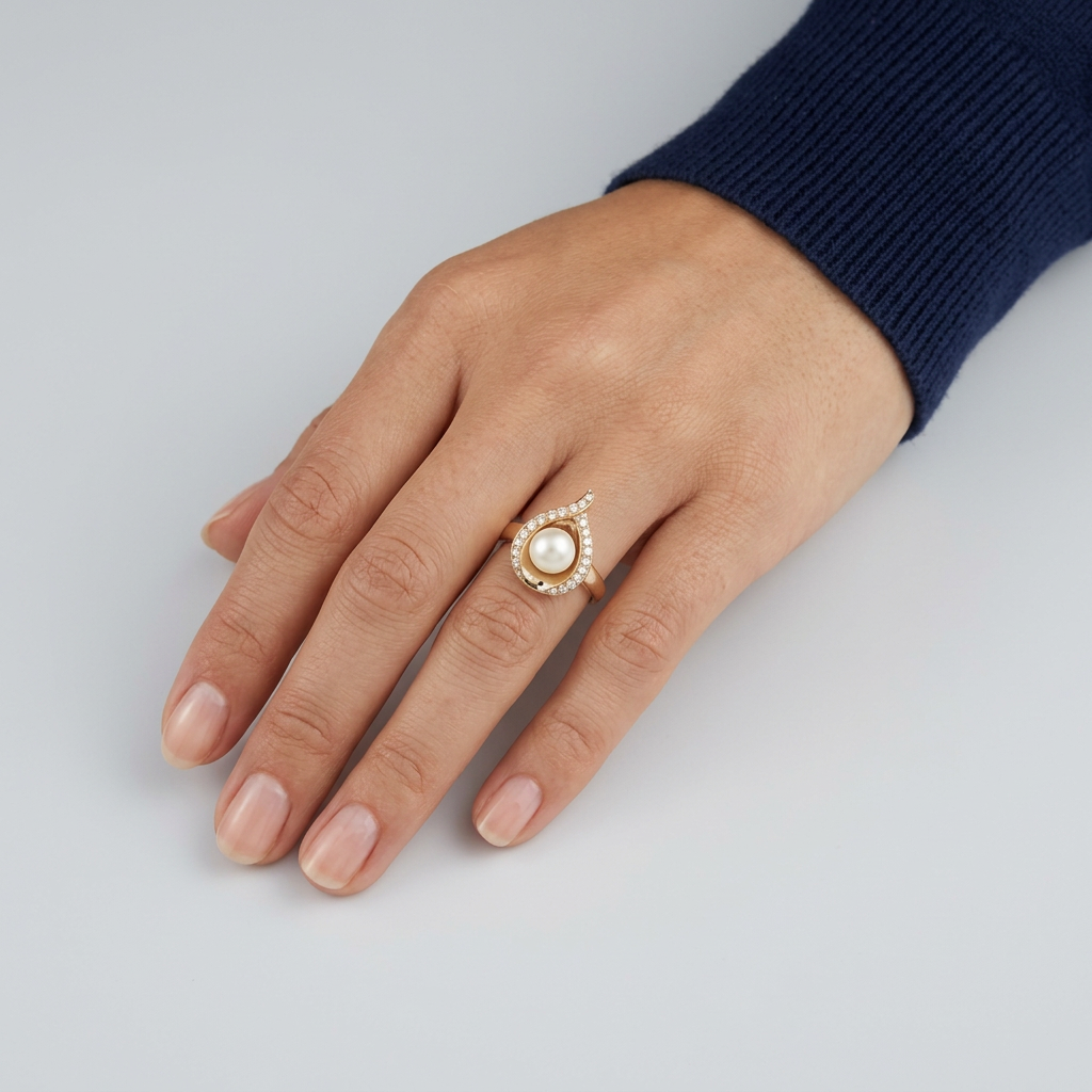 14K Yellow Gold Pearl & Diamond Womens Ring