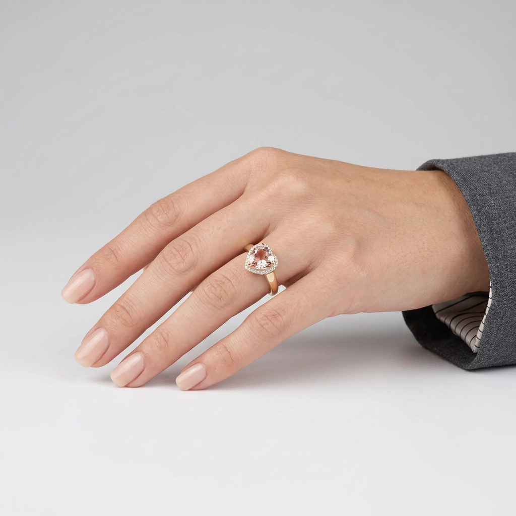 14K Yellow Gold Heart Morganite & Diamond Womens Ring