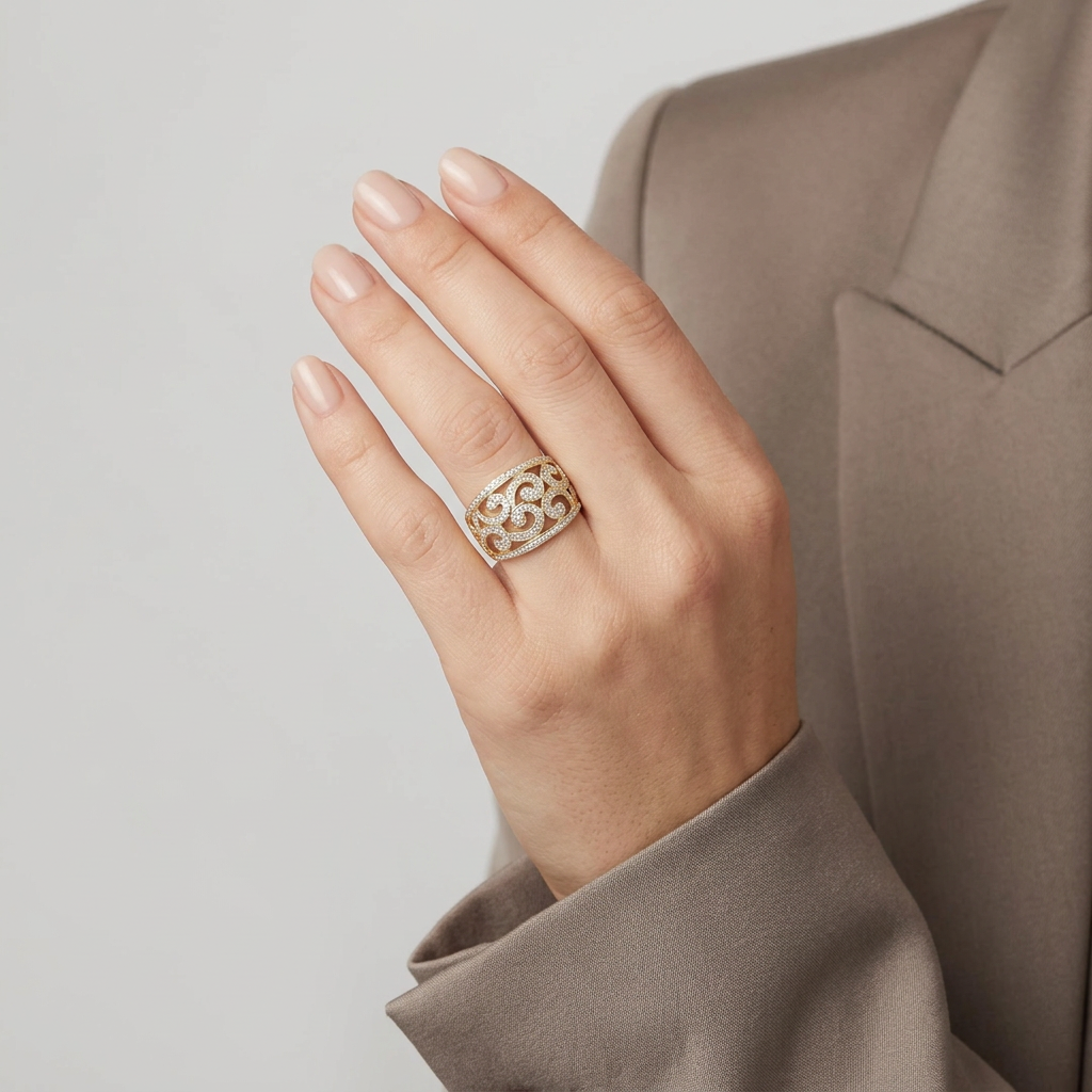 10K Yellow & White Gold Diamond Filigree Womens Ring
