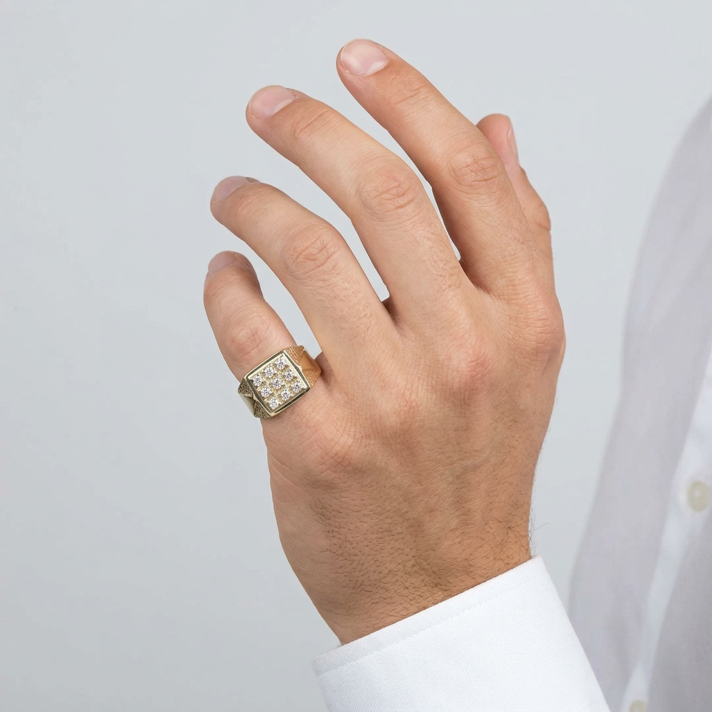 14K Yellow Gold Diamond Mens Ring - 0.19ct