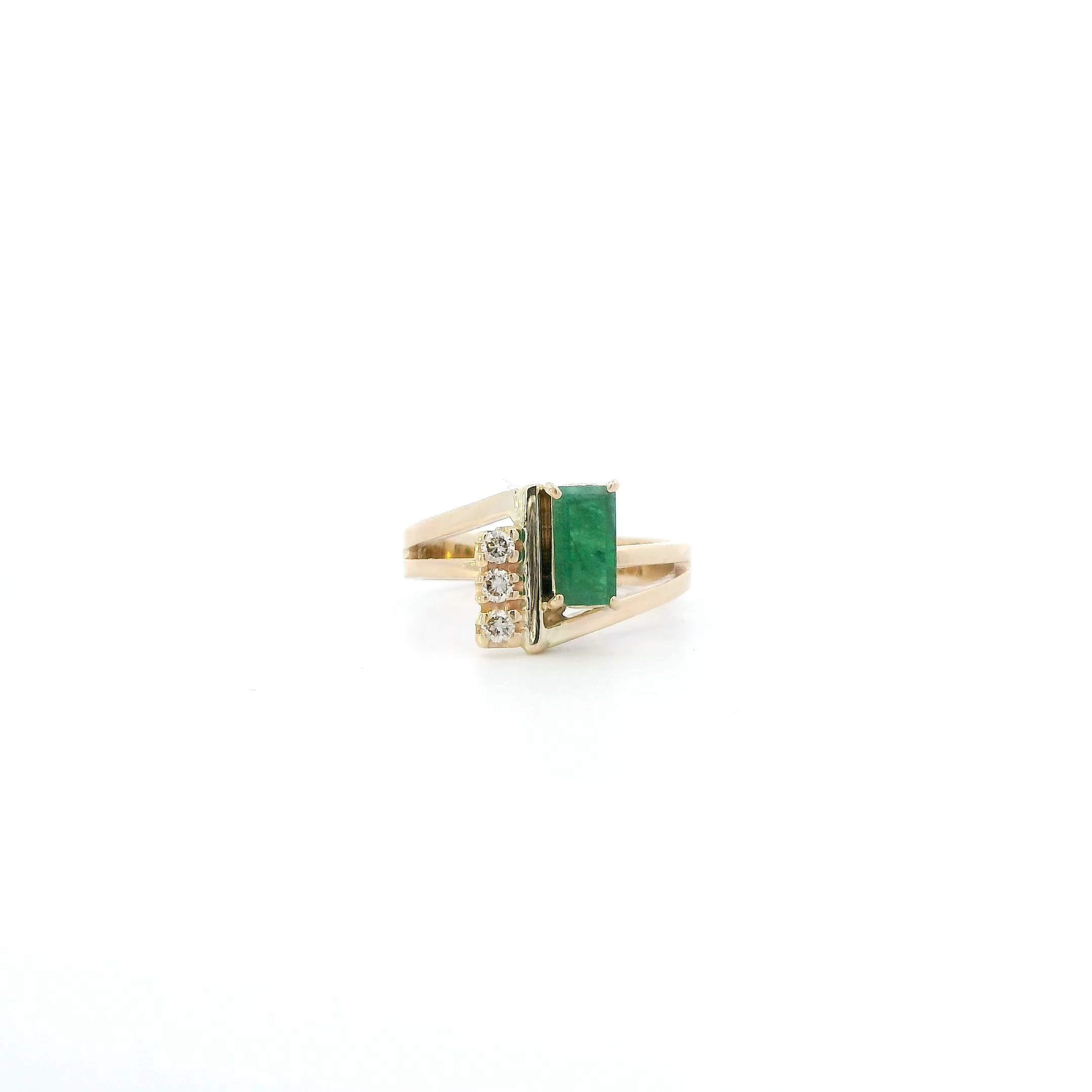 14K Yellow Gold Emerald & Diamond Womens Ring - 0.09ct
