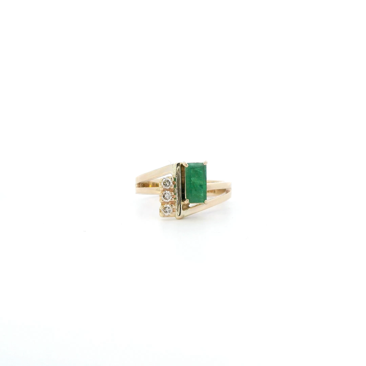 14K Yellow Gold Emerald & Diamond Womens Ring - 0.09ct