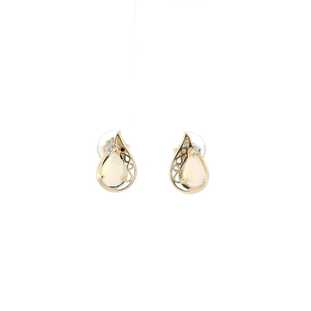 14K Yellow Gold Pear Opal & Diamond Earrings - 0.02ct