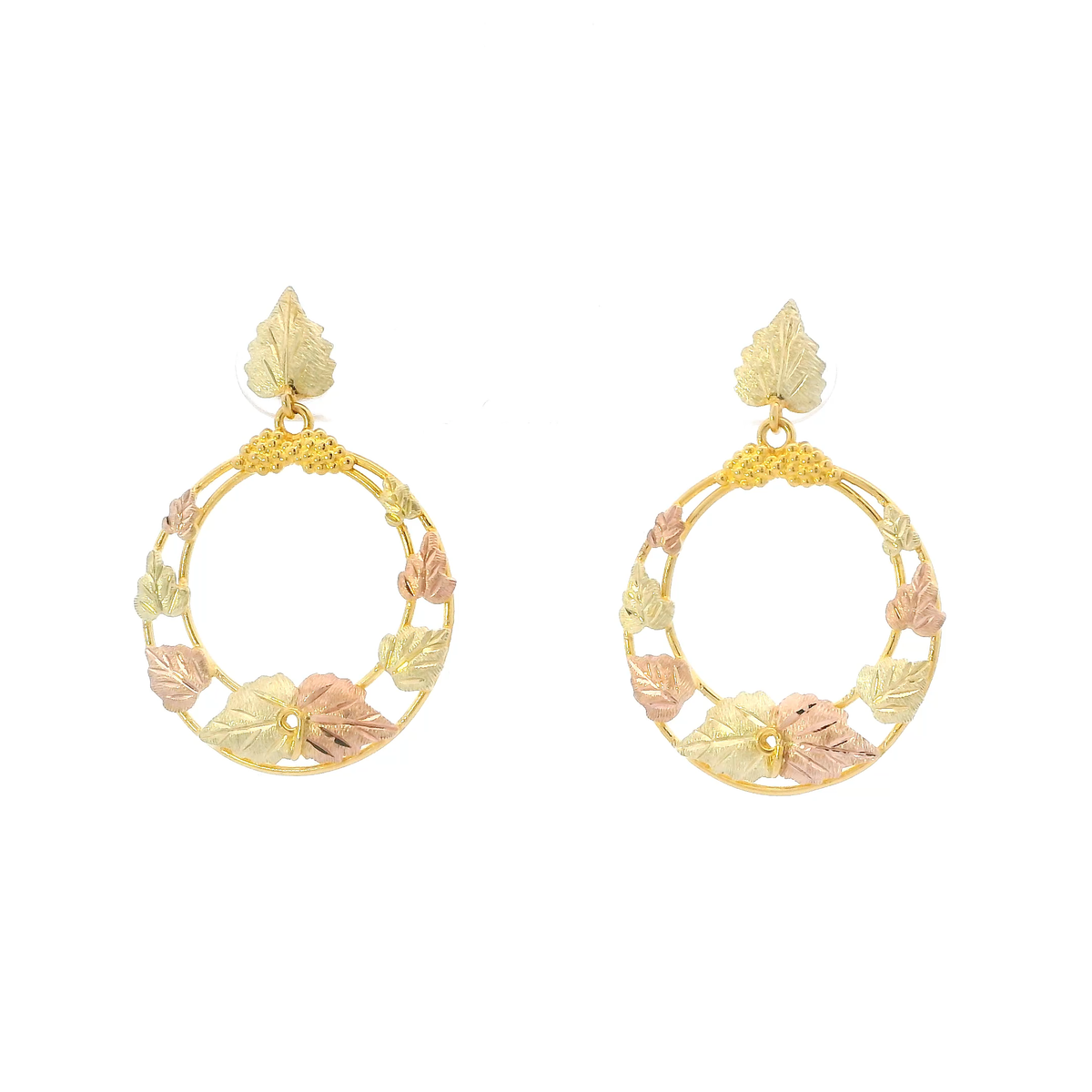 10K Tri Color Gold Black Hills Gold Dangle Leaves Earrings