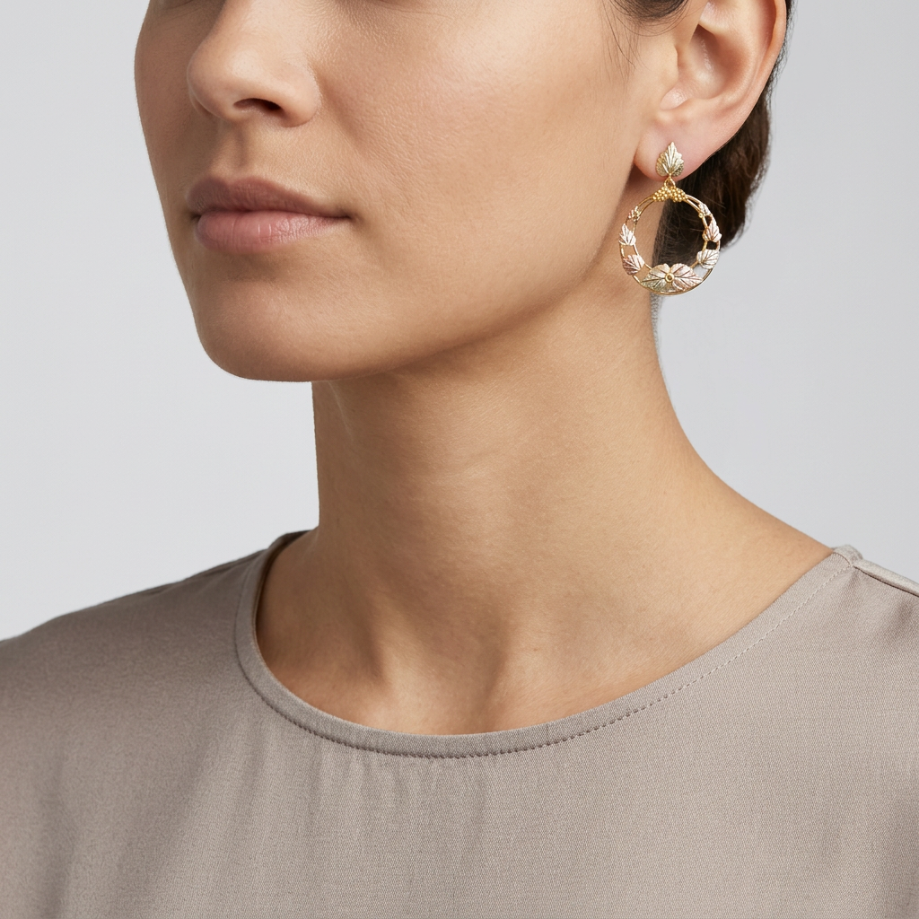 10K Tri Color Gold Black Hills Gold Dangle Leaves Earrings