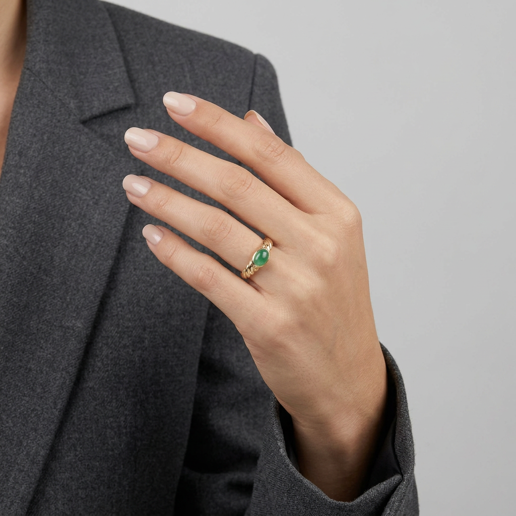 10K Yellow Gold Oval Green Jade Womens Ring