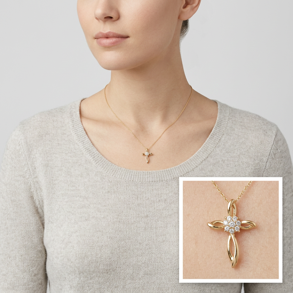 10K Yellow Gold Diamond Cross Pendant - 0.08ct