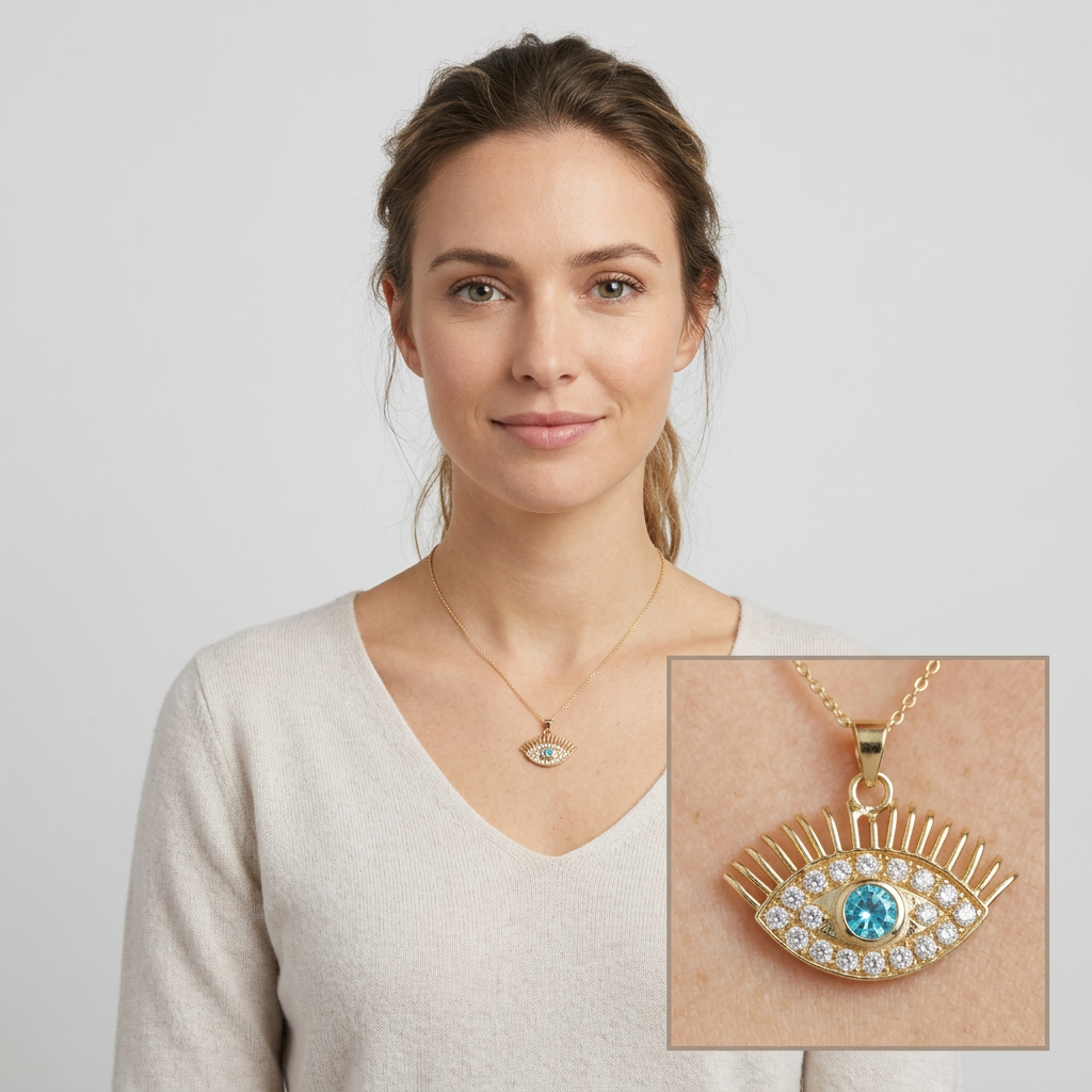 14K Yellow Gold Blue Moissanite & Moissanite Evil Eye Pendant