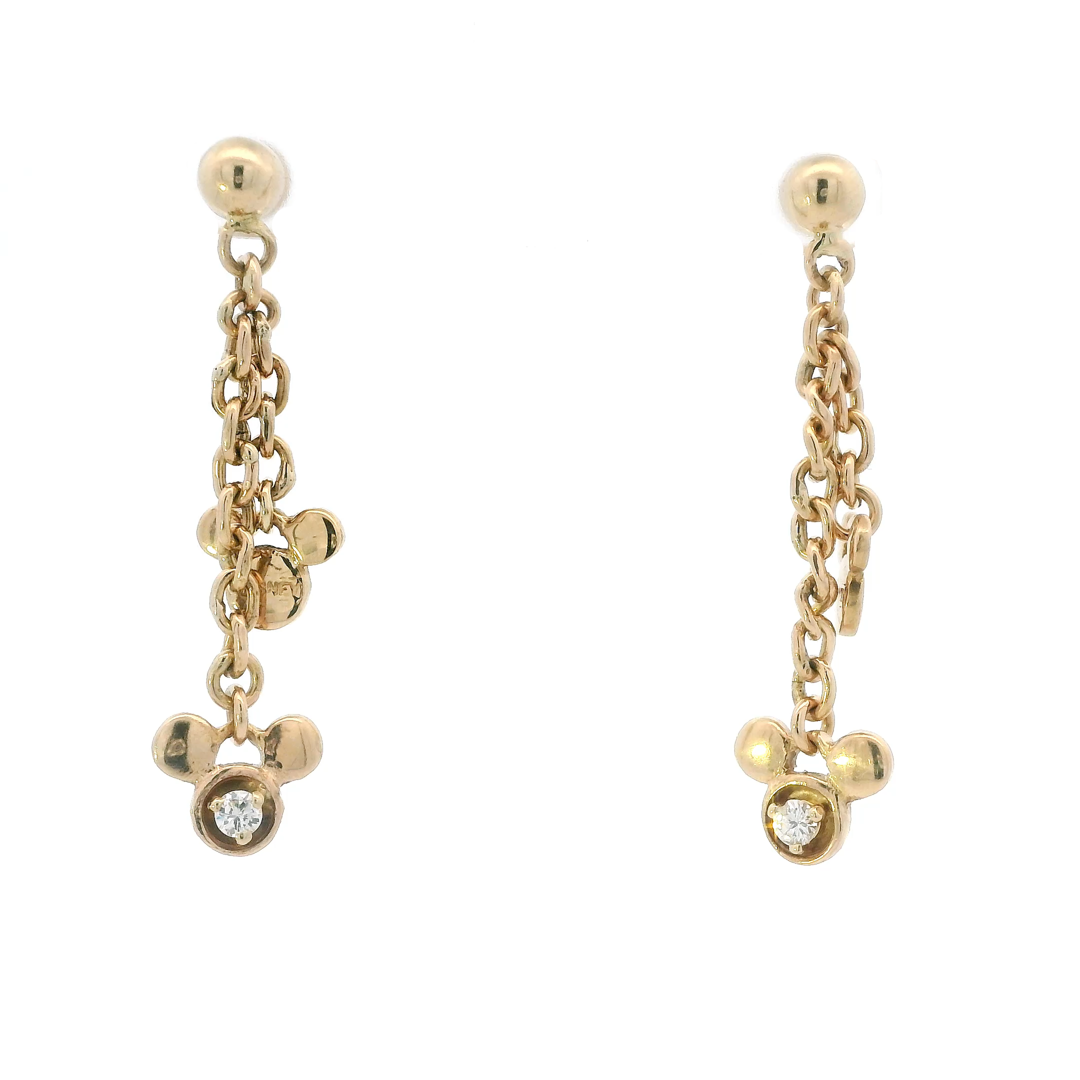 14K Yellow Gold Diamond Mickey Mouse & Double Cable Chain Dangle Earrings - 0.20ct