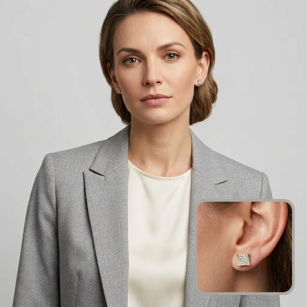 10K Yellow Gold Square Diamond Screw Back Earrings