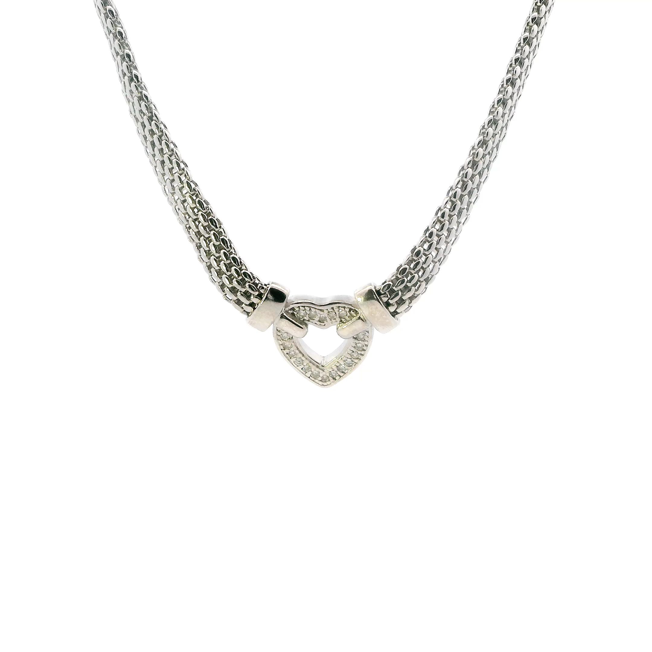 Silver Mesh Necklace & Diamond Heart Pendant - 0.12ct