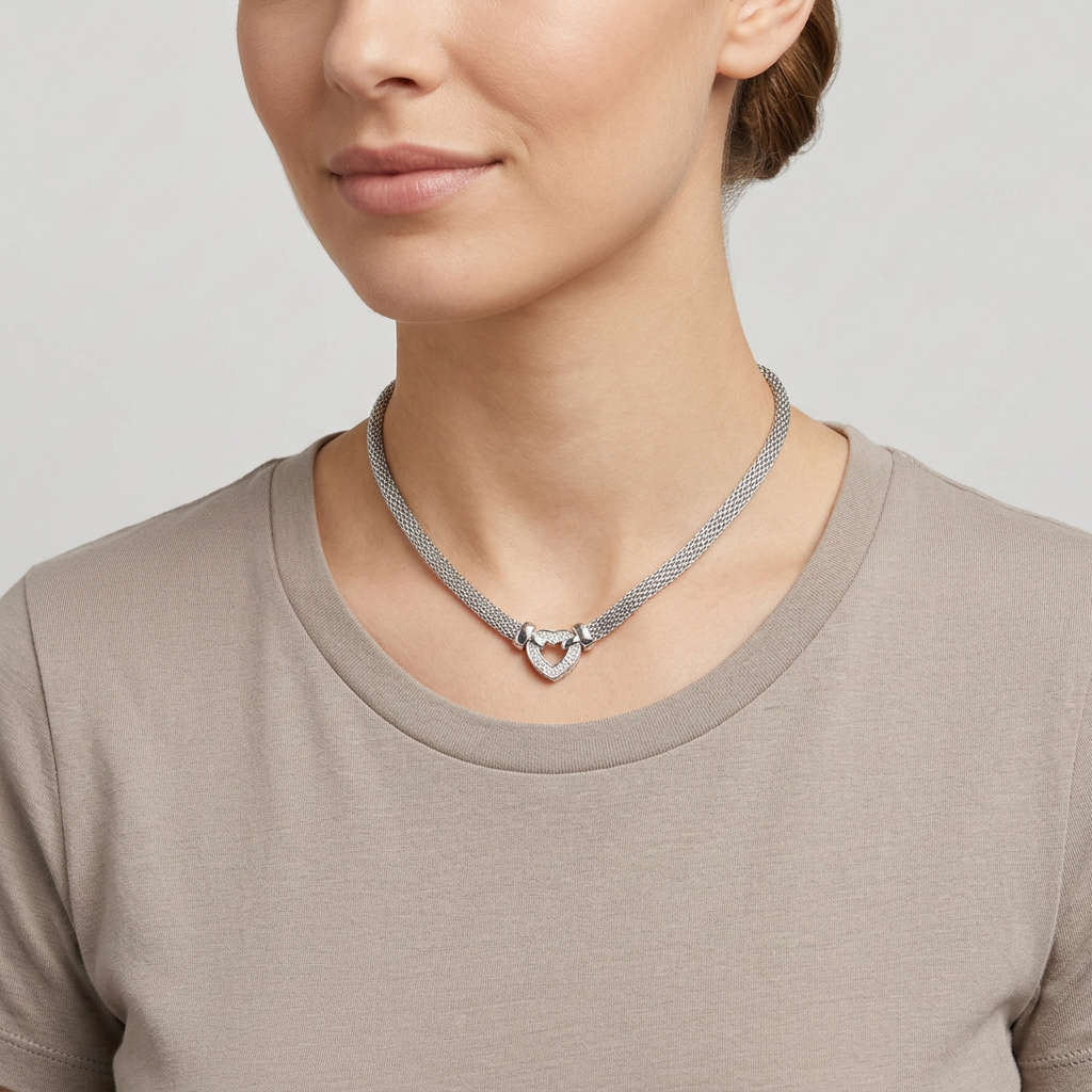 Silver Mesh Necklace & Diamond Heart Pendant - 0.12ct