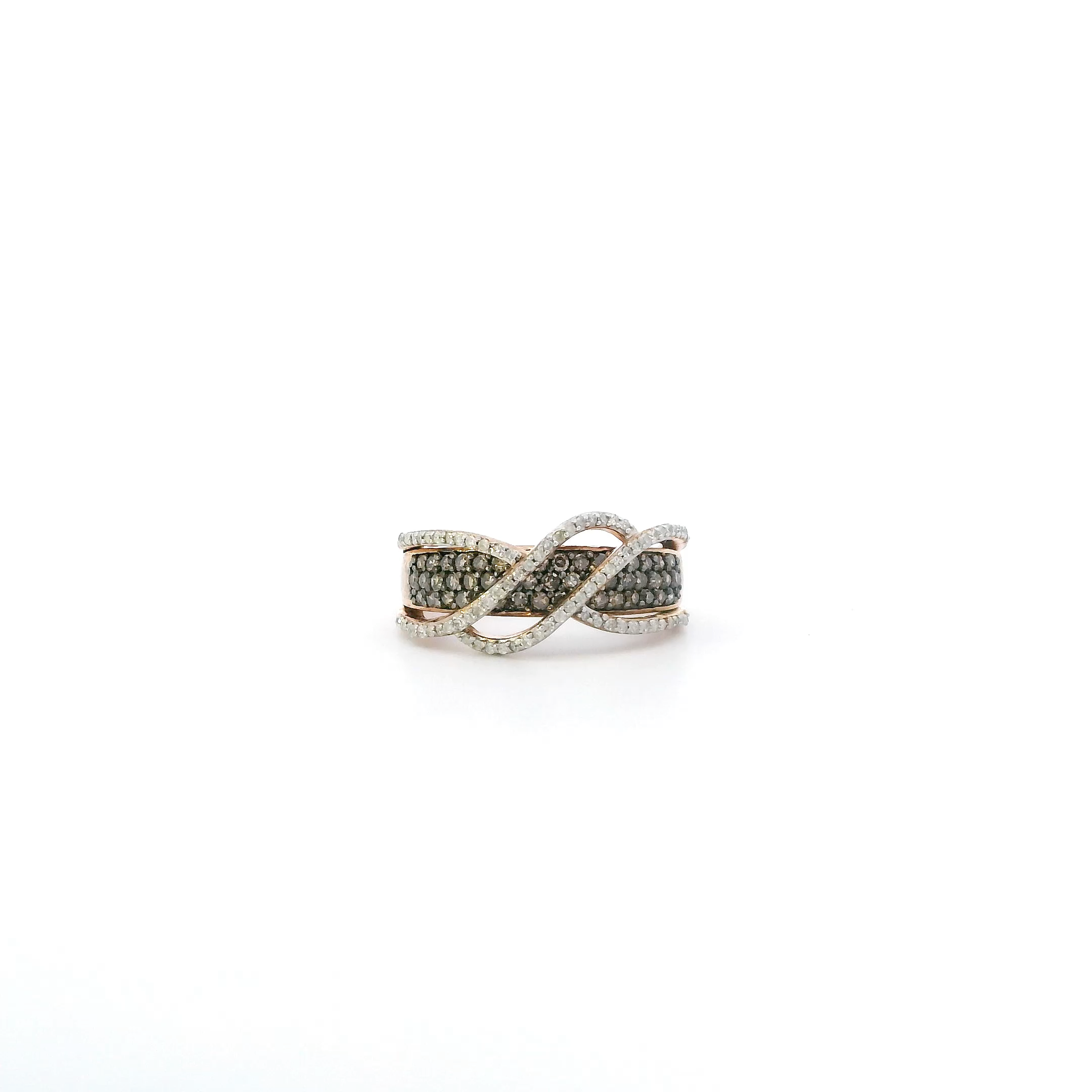 Silver Rose Tone Gold Chocolate Diamonds & Clear Diamond Cross Over Ring - 0.93ct