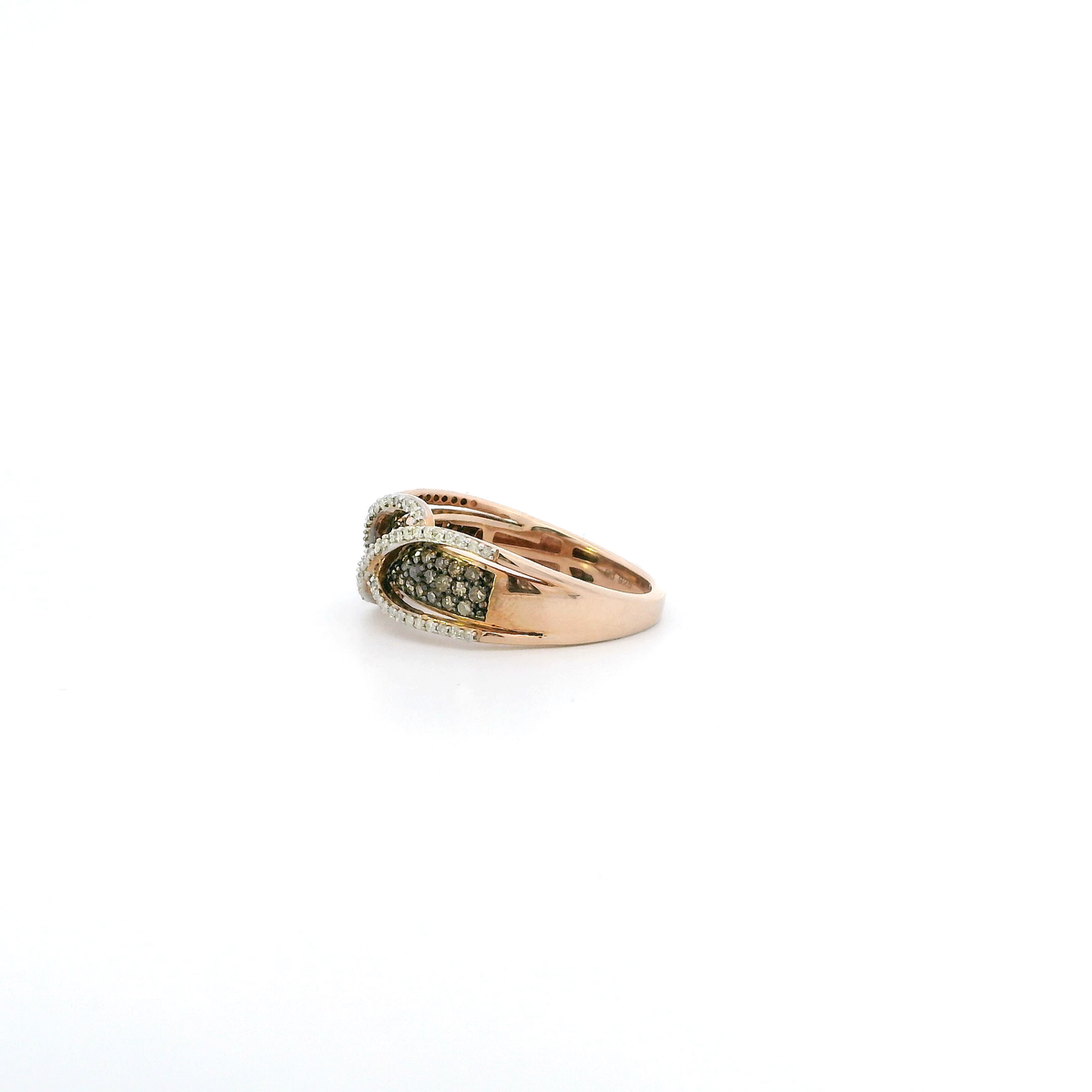 Silver Rose Tone Gold Chocolate Diamonds & Clear Diamond Cross Over Ring - 0.93ct
