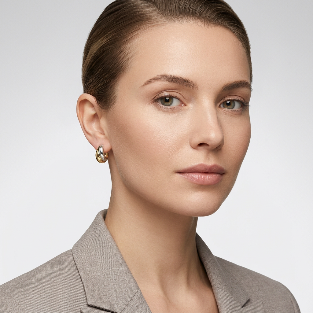 14K Yellow & White Gold Two Tone Dome Hoop Earrings
