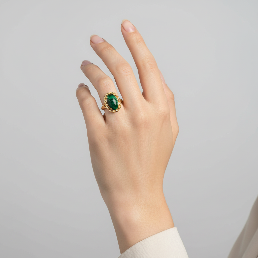 18K Yellow Gold Oval Malachite Ring