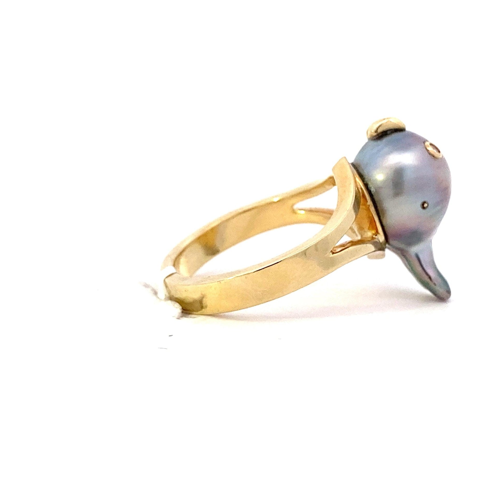 18K Yellow Gold & Black Baroque Pearl Women's Diamond Ring - 0.04ct - ipawnishop.com