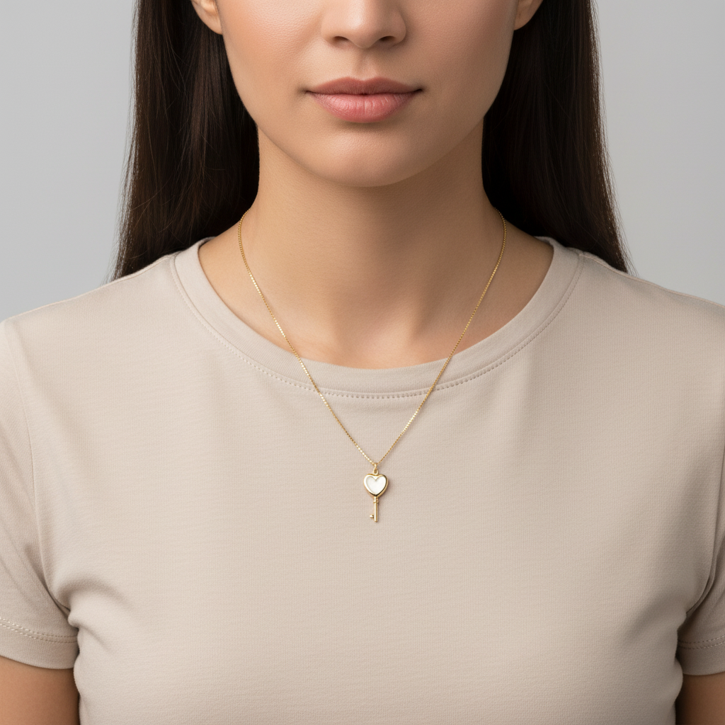 14K Yellow Gold Mother of Pearl Heart Key Necklace