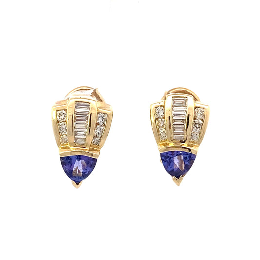 14K Yellow Gold Tanzanite and Diamond Omega Back Earrings - 0.78ct