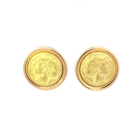 18K Yellow Gold Cameo Button Stud Earrings