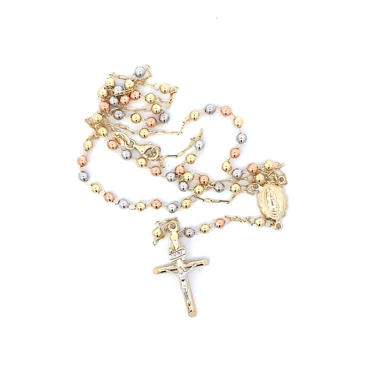14K Tri Color Beaded Rosary Necklace
