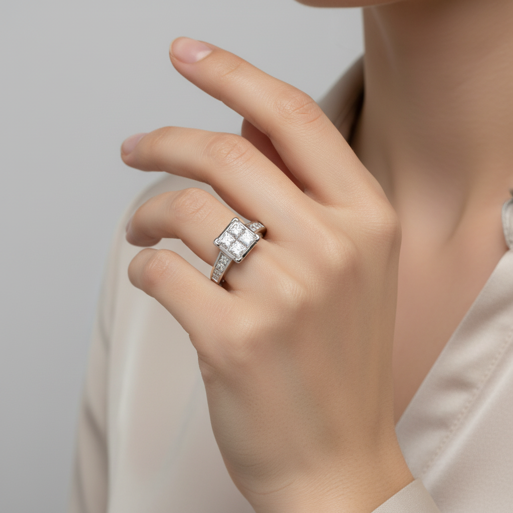 14K White Gold Diamond Square Women's Ring - 1.68ct