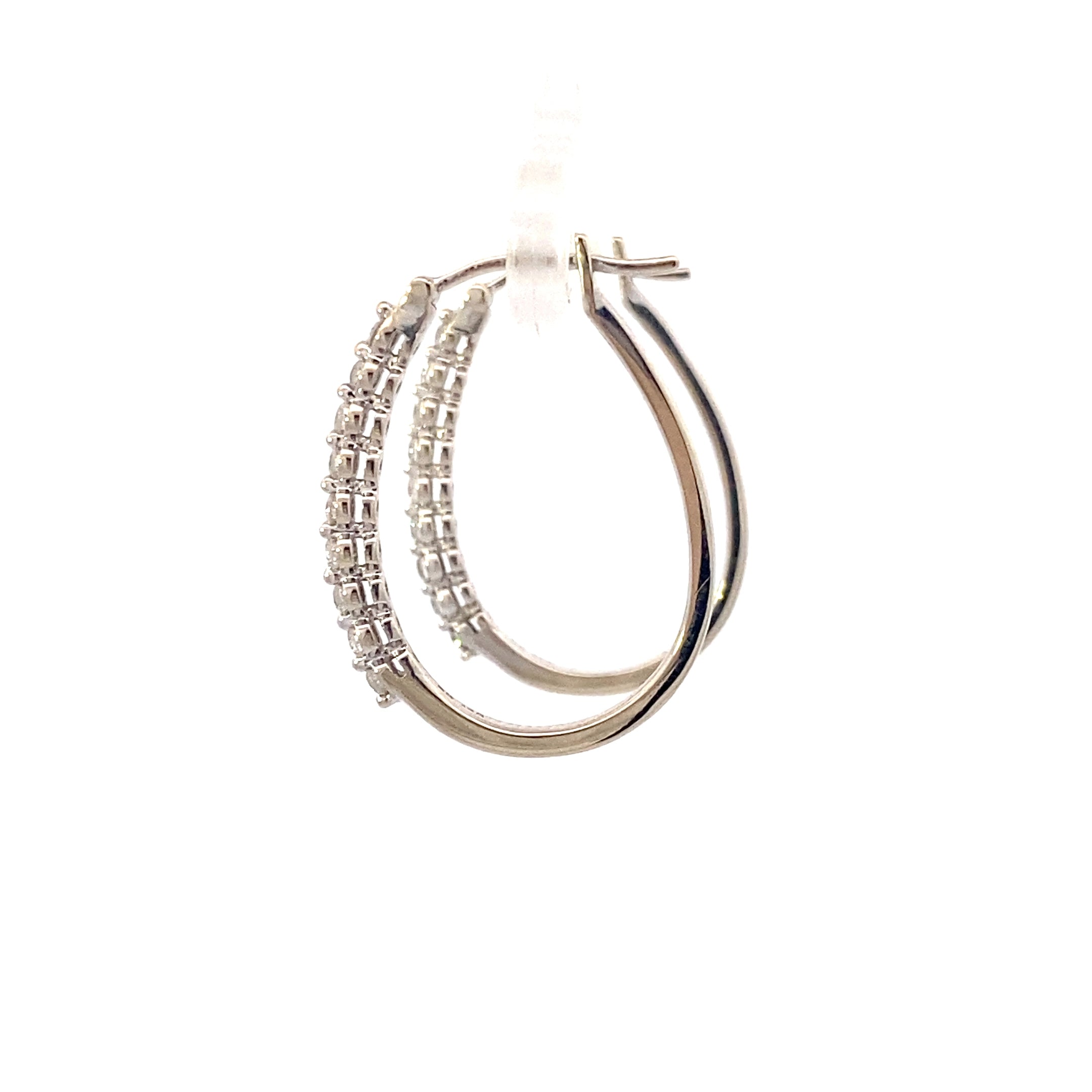 14K White Gold Diamond Oval Hoop Earrings - 0.18ct