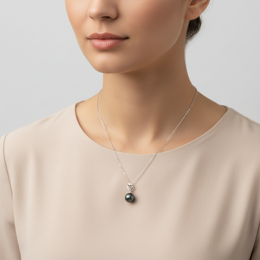 14K White Gold Black Tahitian Pearl & Diamond Necklace