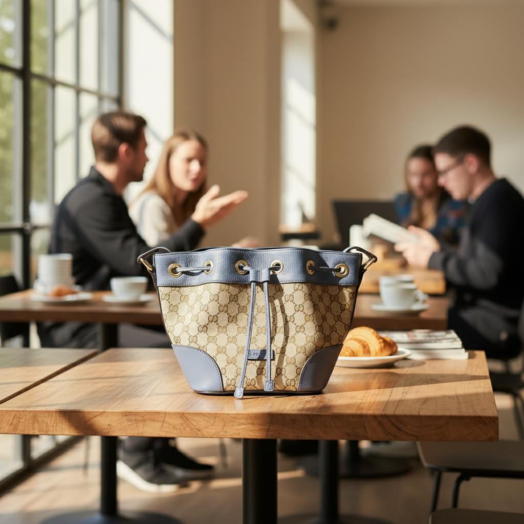 Gucci Khaki Canvas Leather Drawstring Shoulder Bag - 388704