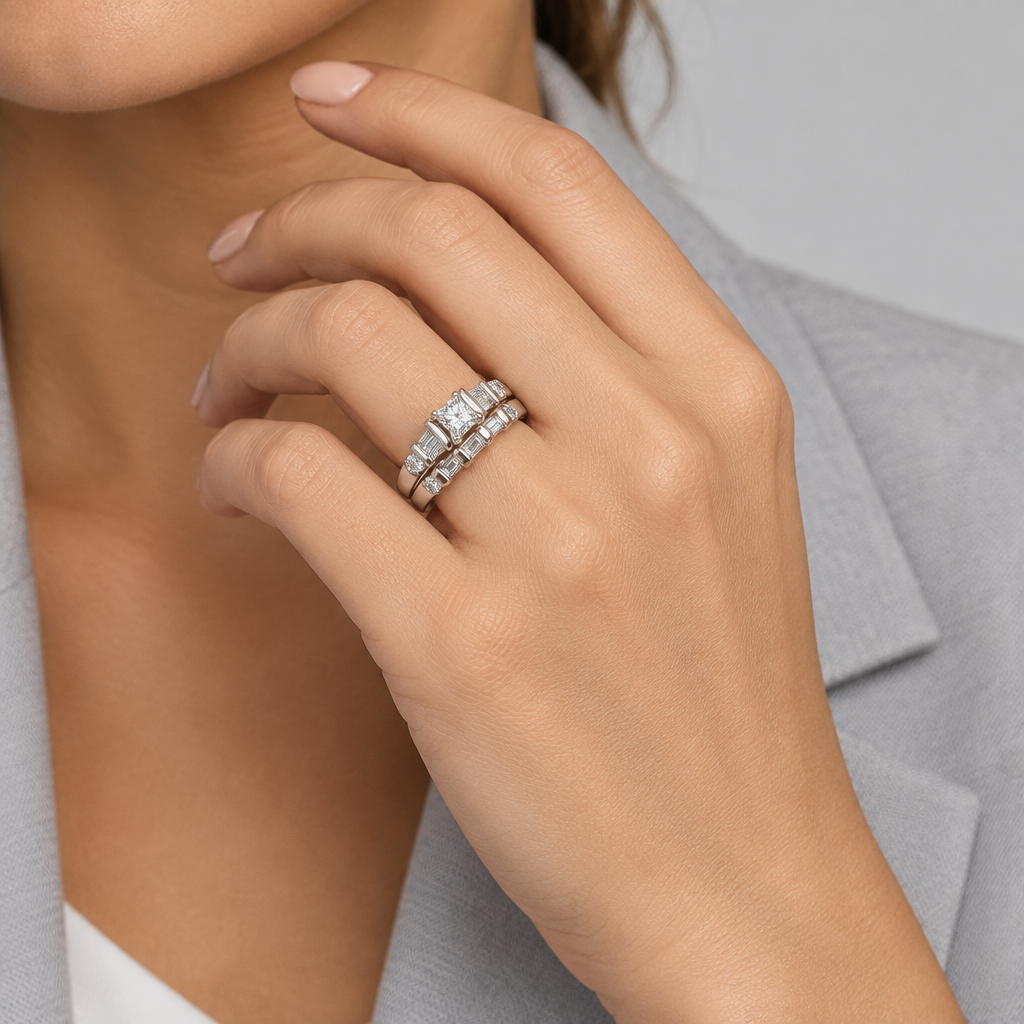 Alianza de compromiso y boda en oro blanco de 14 quilates - 0.91 CTTW