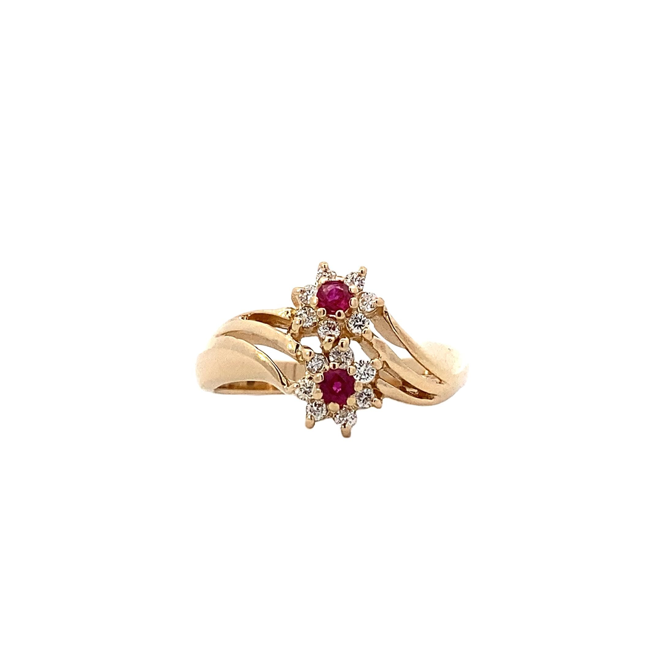 14K Yellow Gold Ruby Women's Diamond Flower Ring - 0.18ct