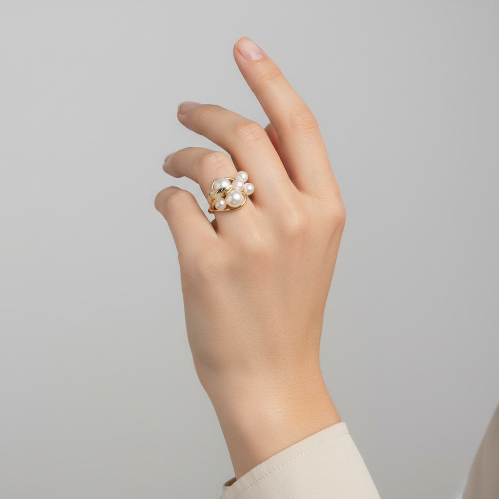 14K Yellow Gold Women's Pearl Leaf Ring