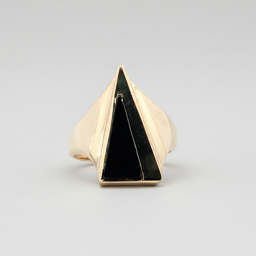 14K Yellow Gold Triangle Black Onyx Abstract Ring